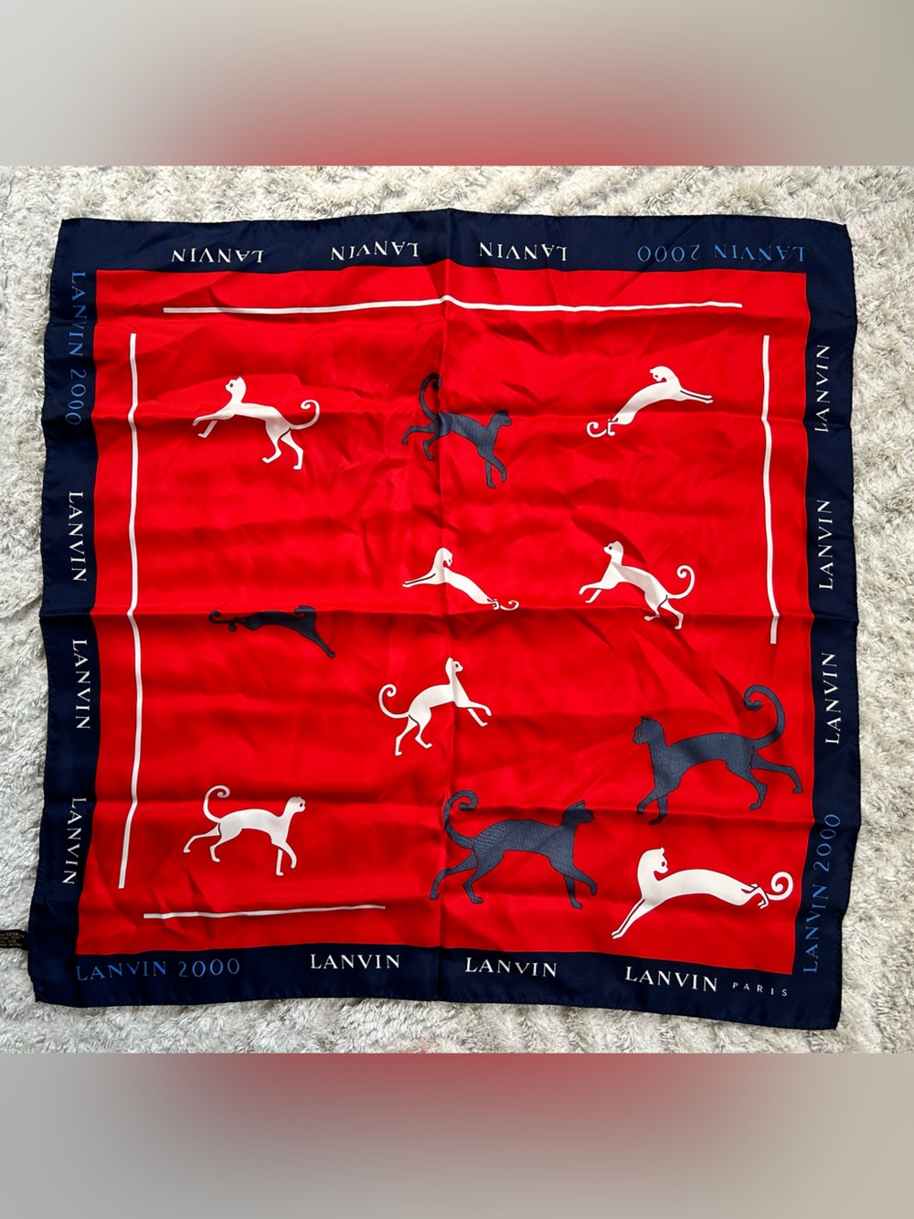 Vintage LANVIN Paris Red & Navy Silk Scarf